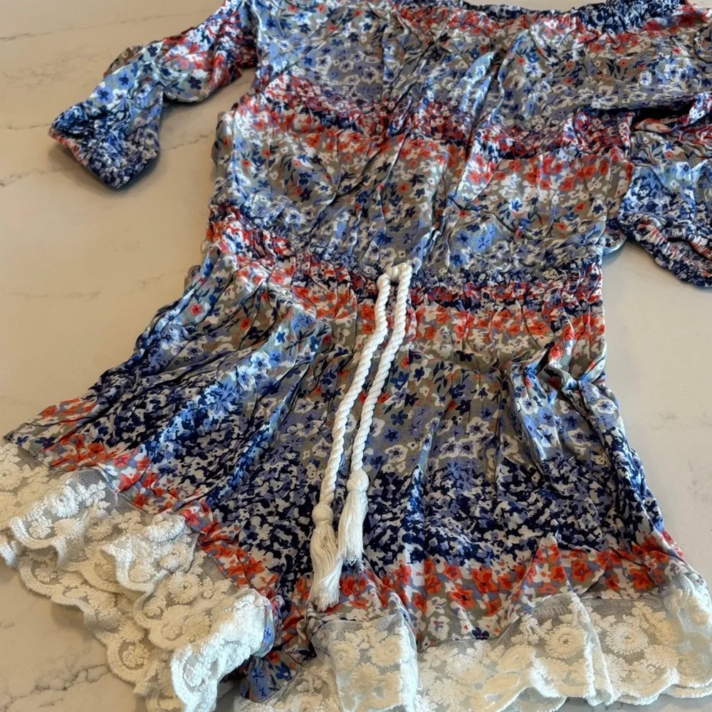 Chic Kids Off-Shoulder Romper in Blue and Red